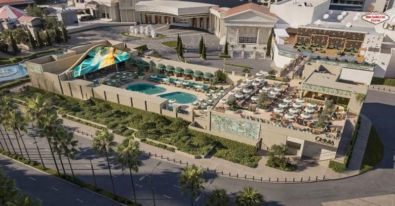Omnia Dayclub pool and lounge aerial view at Caesars Palace in Las Vegas