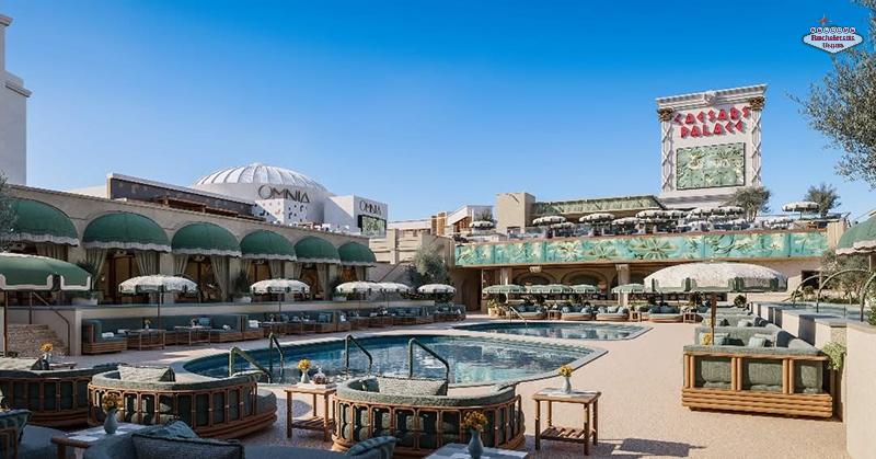 Omnia Dayclub pool area with Caesars Palace sign in the background